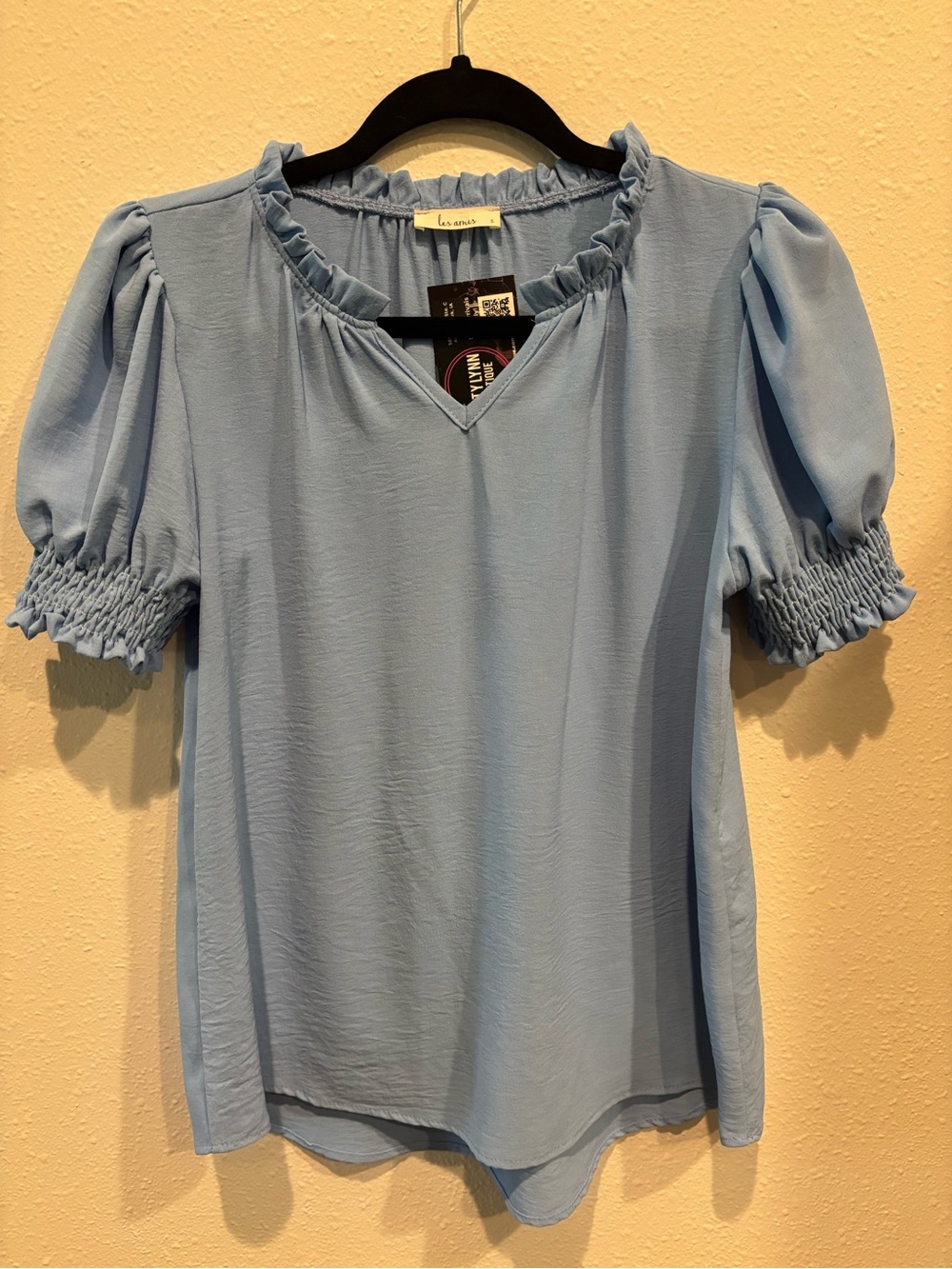 Les Amis Smocked Puff Sleeve Blouse in Light Blue NWT small